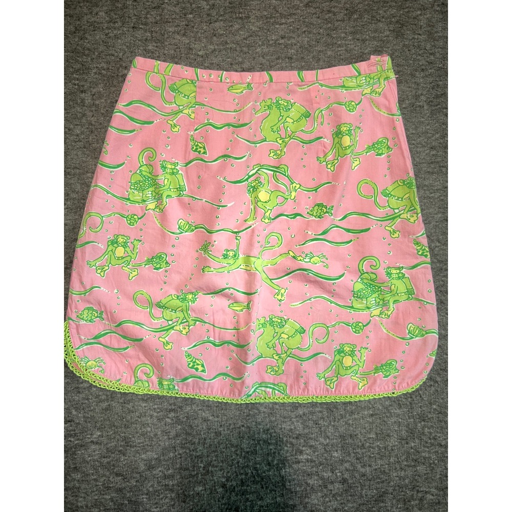 Lilly Pulitzer Vintage Pink Scuba Monkey Print Mini Skirt Crochet Trim Womens 4